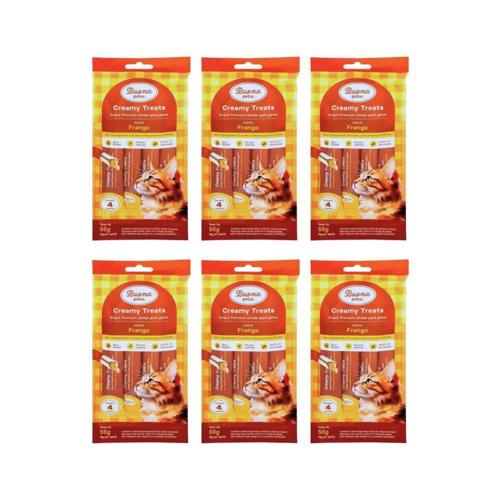 6 Buona Petix Creamy Treats Petisco Gatos Frango 56g | Shopee Brasil