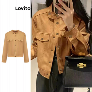 Lovito Casual Jaqueta Feminina Lisa com Bolso Falso e Botão Frontal LNE40076