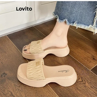 Lovito Sandália plana casual com letras plissadas lisas para mulheres LFA43091