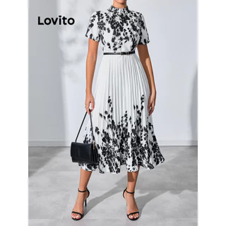 Lovito Vestido romântico Ditsy floral plissado assimétrico com babados para mulheres LBL15141