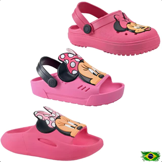 Kit Menina 3 pares Babuche Infantil + Slide Nuvem + Sandália Papete Rosa Minnie