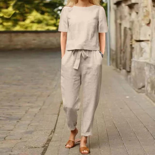 Terno de linho XM2150 Casual Outono Algodão Feminina Set
