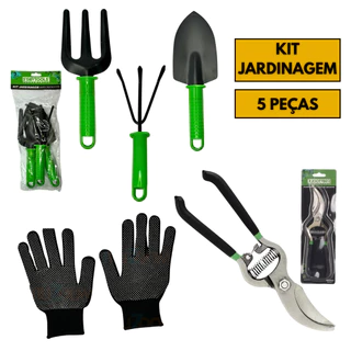  Kit Jogo Jardinagem Jardim Pá Tesoura Poda Luva 5 Peças Profissional