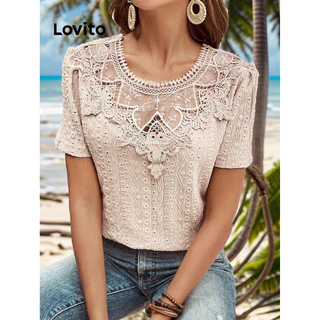 Lovito Blusa casual com gola lisa e contraste para mulheres LBL16621