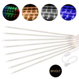 Kit 3 Cascata 8 Tubos Pisca Natal Bastão Chuva Gelo Led Azul RGB Branco Frio / Quente