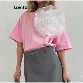 Lovito Camiseta feminina casual com apliques lisos LNL72187