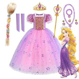 Q01 Rapunzel Princesa Vestido Meninas Roxo Puff Manga Lantejoulas Halloween Cosplay Cabelo Longo Traje Vestidos De Festa De Aniversário
