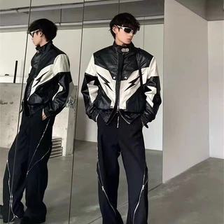 Americano Casual casal usar cor combinando jaqueta de couro da motocicleta das mulheres dos homens versão coreana solta bonito jaqueta Casual topo