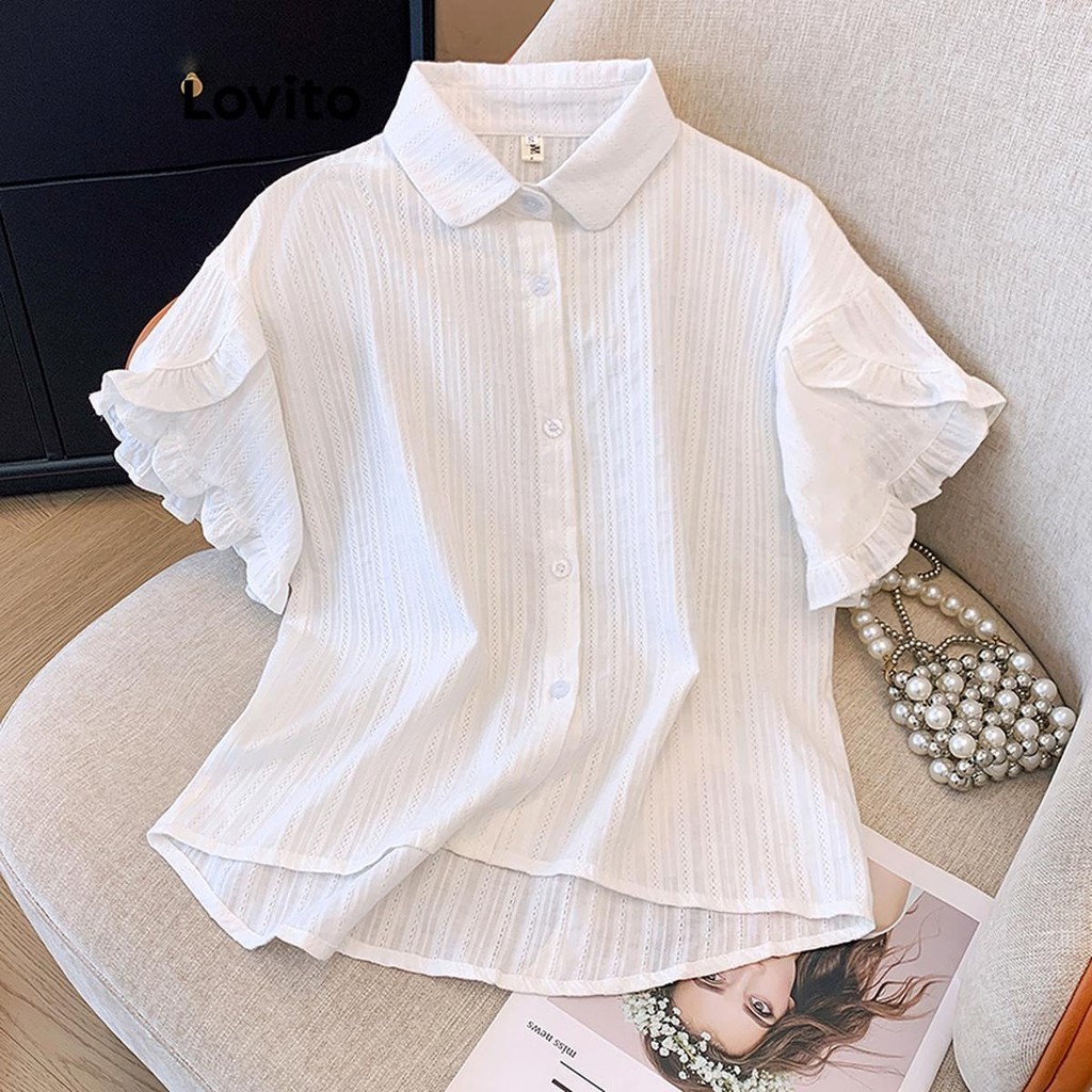 Lovito Blusa casual com babados frontais com botão liso para mulheres LNE57634