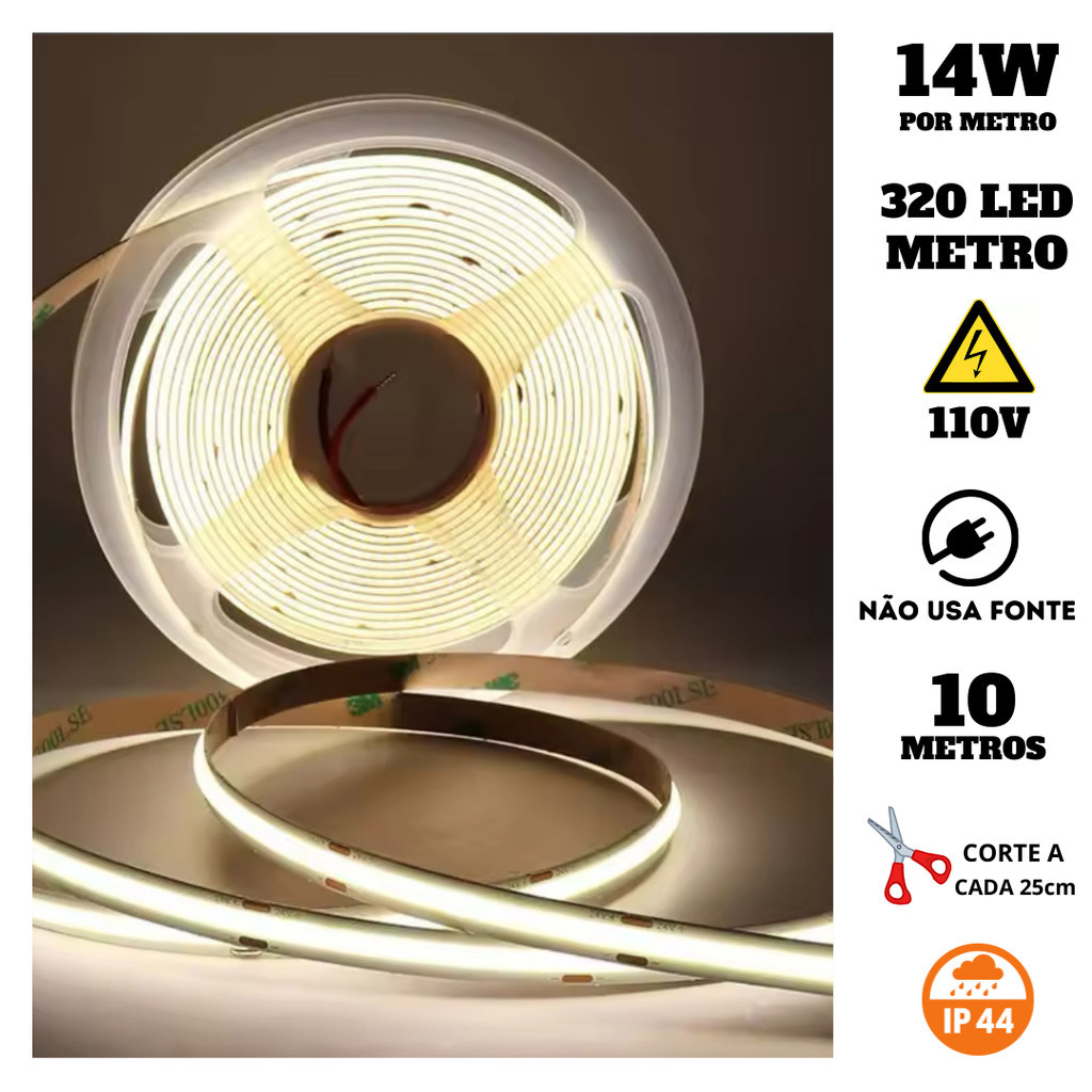 Fita COB 320 LED's 10 Metros IP44 110V 14W 4000K Liga Direto