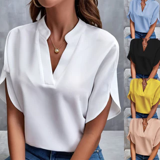 Camisa Com Decote Em V Pulôver casual Feminina De Cor Sólida