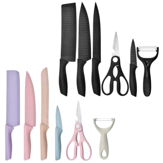 Kit Conjunto 6 Utensílios De Cozinha Profissional Churrasco Inox – Facas, Descascador E Tesoura
