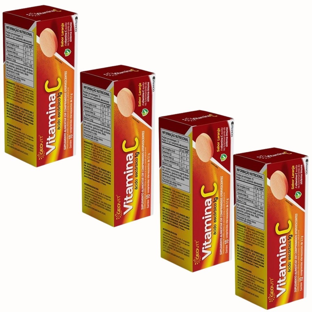 Kit 4x Vitamina C 1000g 10 Comprimidos Efervescentes Geovit Sabor ...
