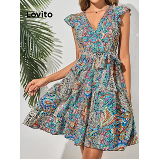 Lovito Vestido drapeado com cinto Boho Paisley para mulheres LBL16561