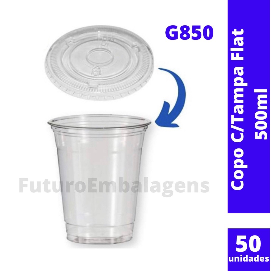 50un Copo com Tampa Flat 500ml Copo da Felicidade G850 PET GALVANOTEK