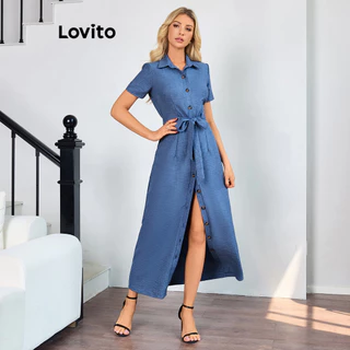Lovito Vestido elegante com botão frontal liso e cinto para mulheres LBL16404