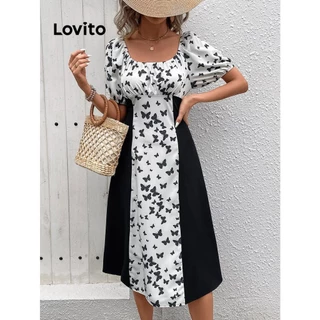 Lovito Vestido elegante com costura em tecido borboleta para mulheres LNL75067