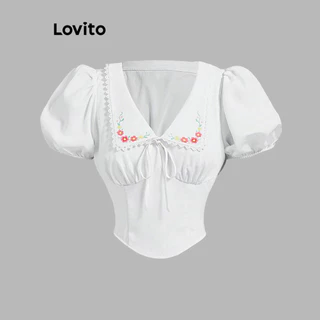 Lovito Blusa elegante com bordado simples e babados no pescoço para mulheres L99ED915
