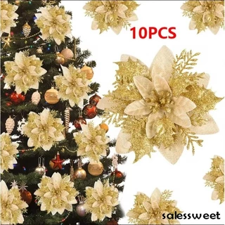 5/10 Pçs Glitter Rosa Flores De Natal Árvore 14cm Ornamentos De Artificiais 2024 Decoração Para Casa Ano Novo
