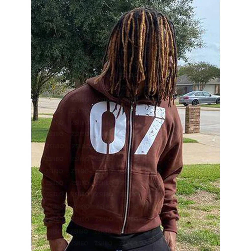 Numeral 7 Impresso Com Zíper Hoodie Y2K Roupas Masculinas Rua Moda