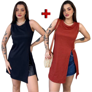 Kit 2 Batas Blusinha Feminina Ribana Canelada Cavada Com Fenda