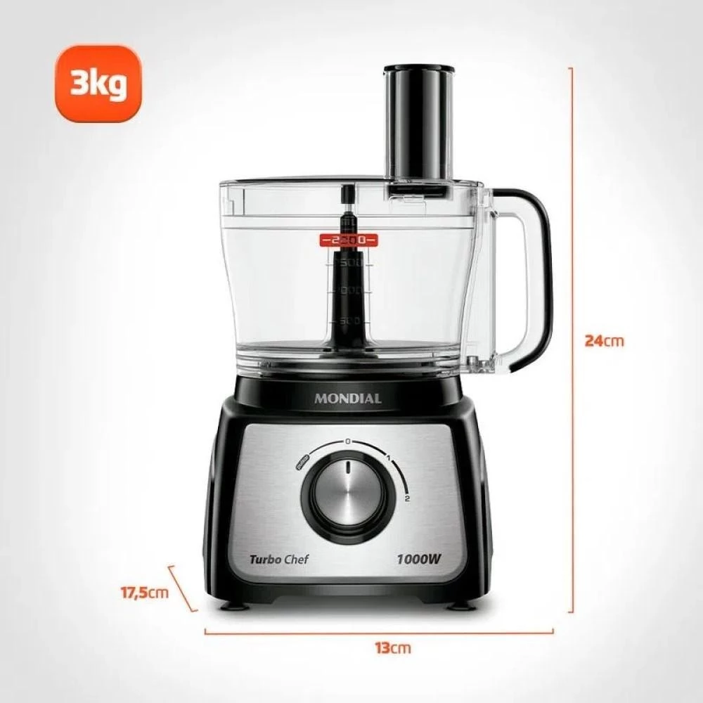 Vista lateral do multiprocessador Mondial destacando as dimensões e o peso total de 3kg
