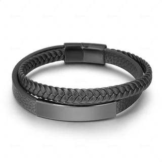 Vintage Moda Masculina Preto Couro De Aço Inoxidável Pulseira Multicamadas Acessórios De Jóias