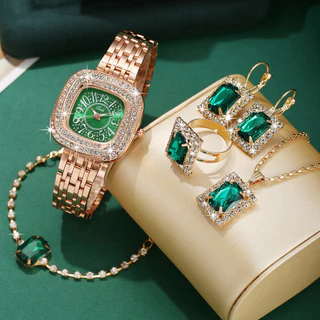 Simple College Square All-Match Pulseira de Liga Única Pulseira de Moda Rhinestone Relógio de Quartzo Incrustado +5 Conjunto de Jóias Quadradas