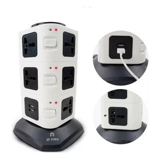 Torre Vertical de Energia 3 Níveis com 11 Tomadas, 2 Portas USB, Cabo de 1.8m e Interruptores Independentes para Gerenciamento Eficiente
