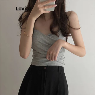 Lovito Regata elegante plissada lisa para mulheres LNA74160
