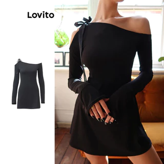 Lovito Vestido elegante liso de ombro frio para mulheres LNA74488