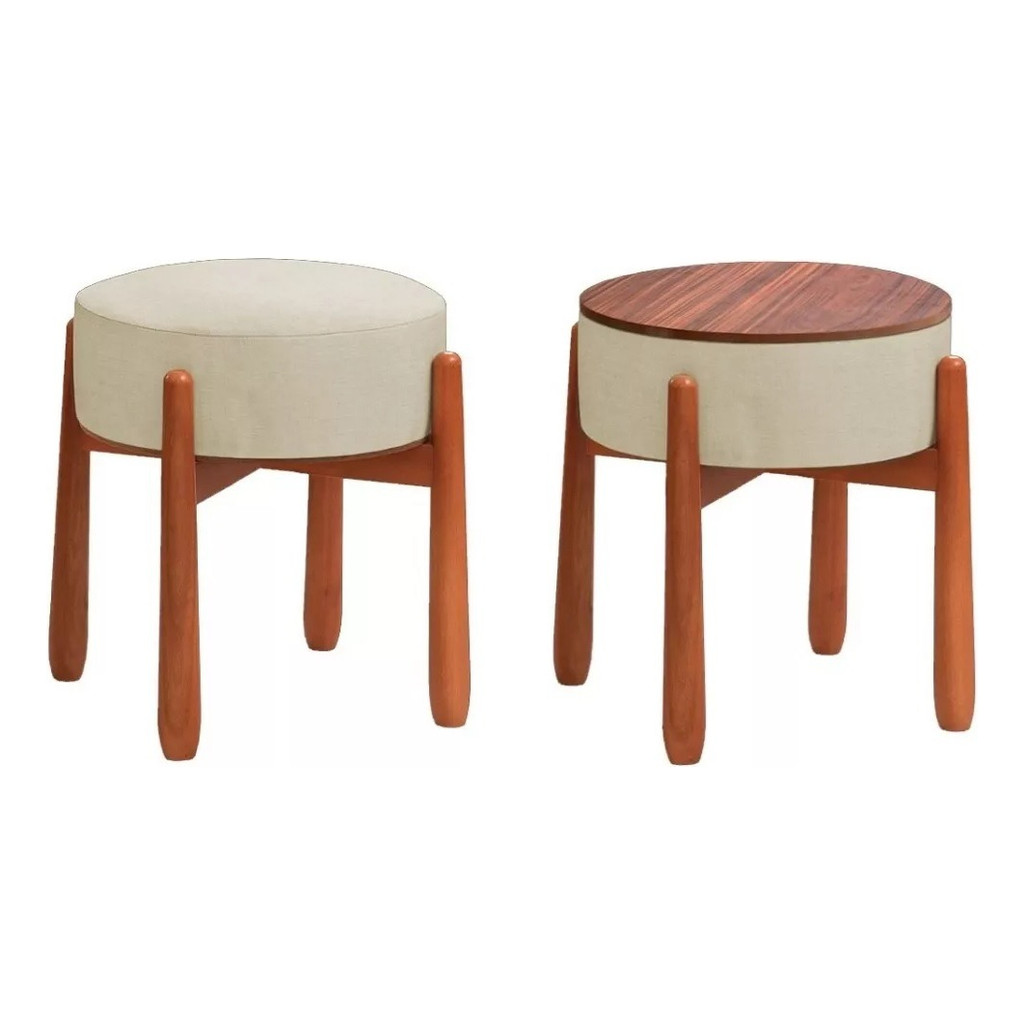 Puff Banqueta Decorativo Luxo Linho Pés Madeira Bege