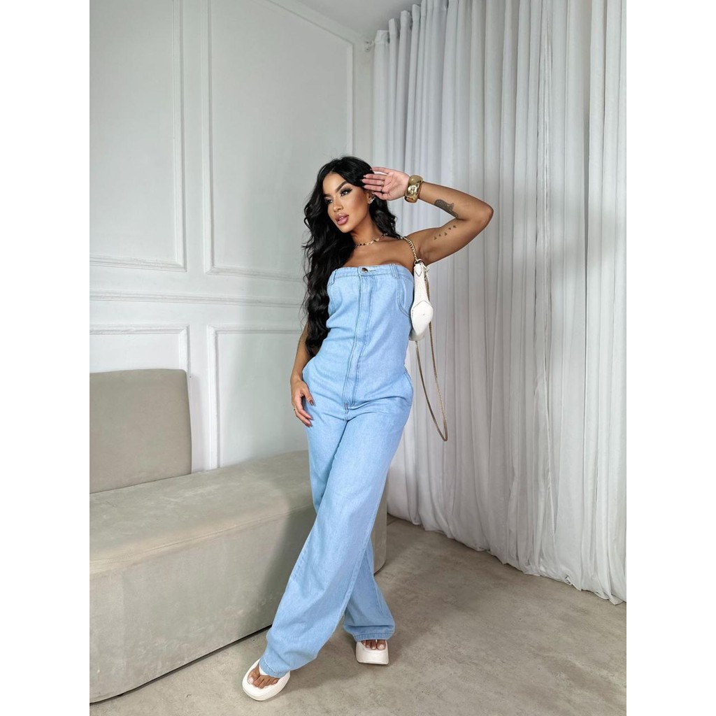 Jardineira Jeans Tomara Que Caia MacacÃ£o Jeans Longo Macacão