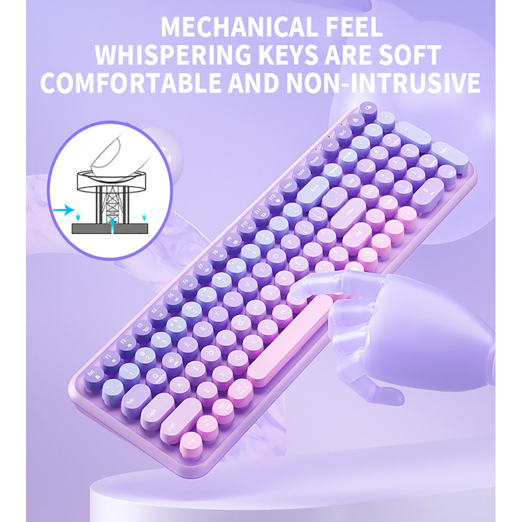 Rosa Roxo Ergonômico 2.4G Teclado Sem Fio 106 Teclas Retro Redondo ...