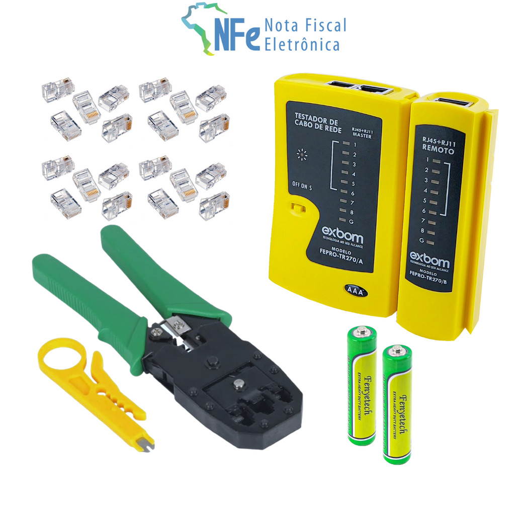 Kit Testador de Cabo de Rede RJ11 RJ45 Alicate de Crimpar Decapador 20 Conectores RJ45 c/ Pilhas