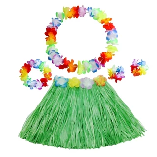 Kit Fantasia Saia Havaiana 40 cm Pulseira Tiara Colar Festas Carnaval