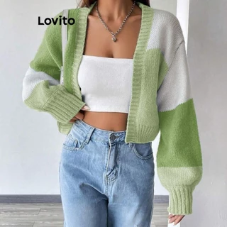 Lovito Cardigãs casuais lisos com botões colorblock para mulheres LNL64353