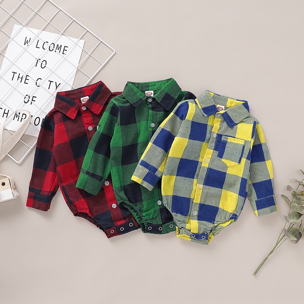Recém-Nascido Baby Boys Bodysuit Fashion Plaid Print Manga Comprida Botão Para Baixo Onesies Camisa Versátil