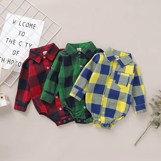 Recém-Nascido Baby Boys Bodysuit Fashion Plaid Print Manga Comprida Botão Para Baixo Onesies Camisa Versátil