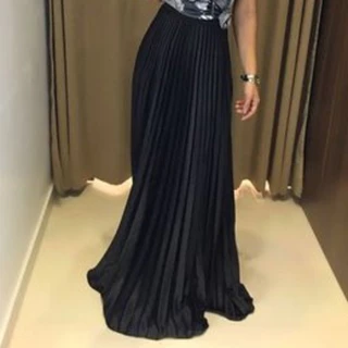Saia longa preta com foro e elastico tecido plissada feminina P M G GG