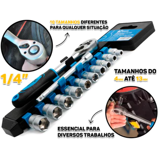 Chave Catraca Com Jogo De Soquetes Aço Cromo Vanádio 1/4 Polegadas 4 A 13mm Bramix