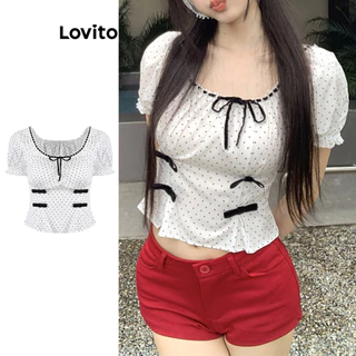 Lovito Blusa casual lisa com renda para mulheres LNA74353