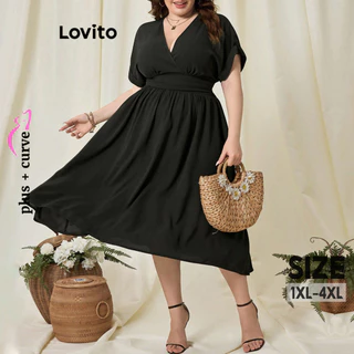 Lovito Vestido básico liso casual plus size para mulheres LNL77319