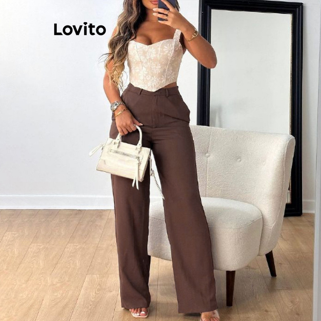 Lovito Calças casuais com botão de bolso liso para mulheres LNL68092