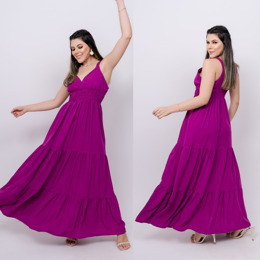 Vestido Longo Feminino Viscolinho Babado Três Maria DecoteV Vestido elegante