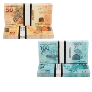 Kit com Cédulas de 50 R$ e 100 R$ Tamanho Real (Sem Valor) Nota de Dinheiro Cenográfico Fake