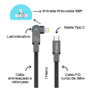 Cabo Carregador Pd Turbo 30w Rotativo agold c-iphone kirsite turbo cb-90 Para iPhone 8 Ao 14
