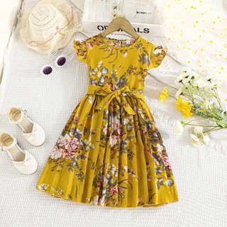 Vestido Para Crianças De 4-12 Anos De Aniversário Fofo Floral De Manga Rufada Saia Plissada Princesa Ootd Menina Bebê