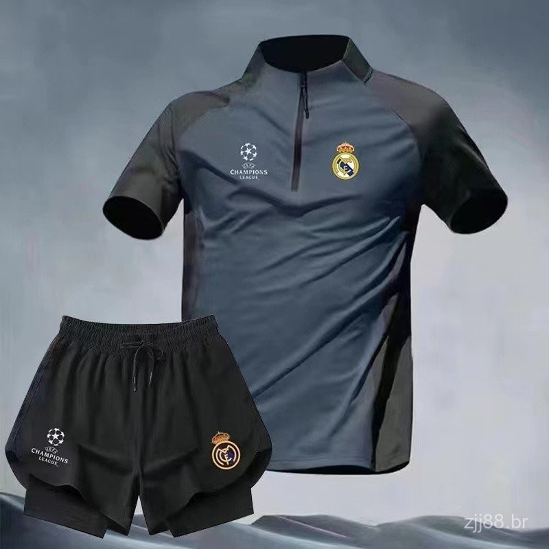 Training Wear Same Style Men's European New Shorts Football Sports Suit Quick-Drying T-shirt Real Madrid Summer Running Champion Cup OZ25