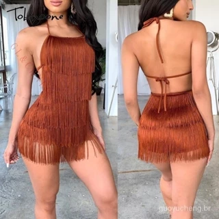 GLCHENG Tobinoone Tassel Vestidos De Verão Femininos Sem Costas Mini Vestido Casual Clube Sexy Fringe Bandage Bodycon De Festa